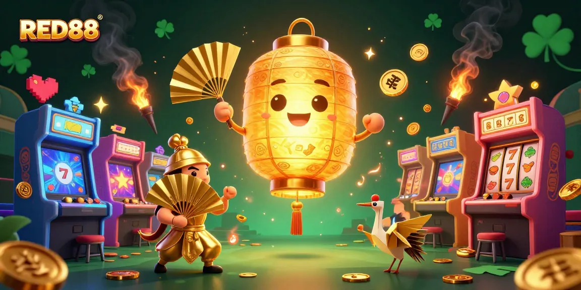 Join the RED88 online casino excitement with a vibrant illustration featuring golden lantern spirit and slot machines.