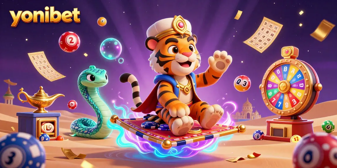 Experience exciting game action at yonibet with a vibrant 3D casino-themed illustration featuring dynamic elements.