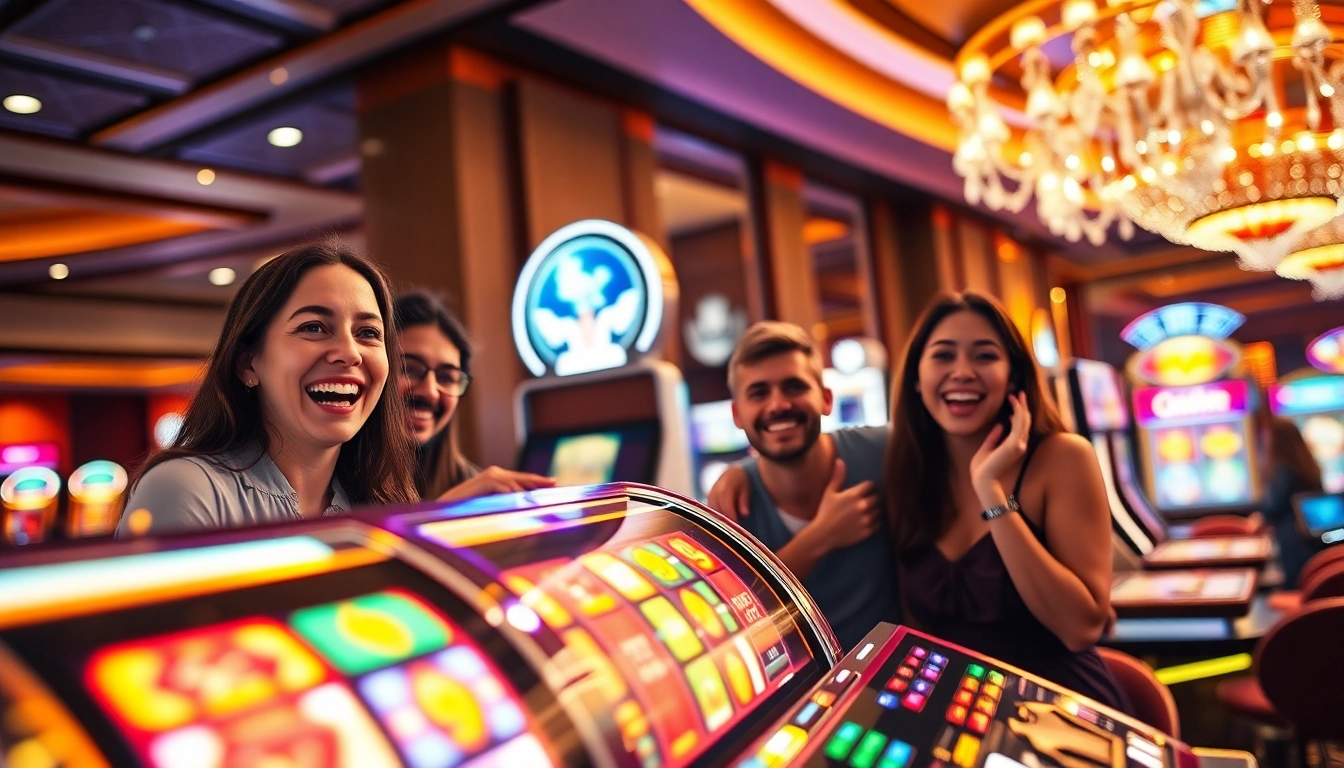 Jouer aux meilleurs casino bonus sur une machine à sous colorée avec des joueurs enthousiastes.