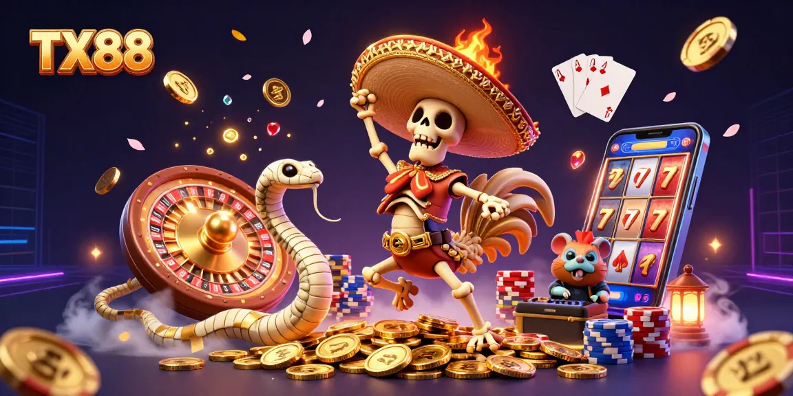 Experience the excitement of TX88 with a vibrant casino scene featuring a cartoon skeleton mariachi celebrating among golden coins.