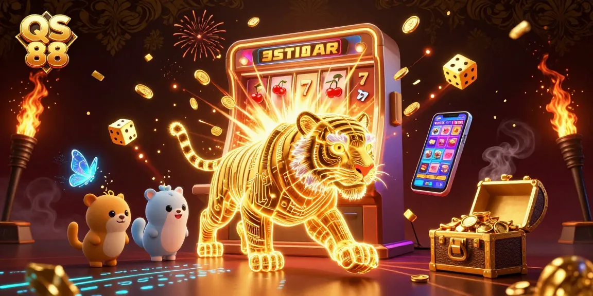 Engage with QS 88's dazzling digital casino, featuring a luminous tiger, jackpot slot machine, and exciting game elements.