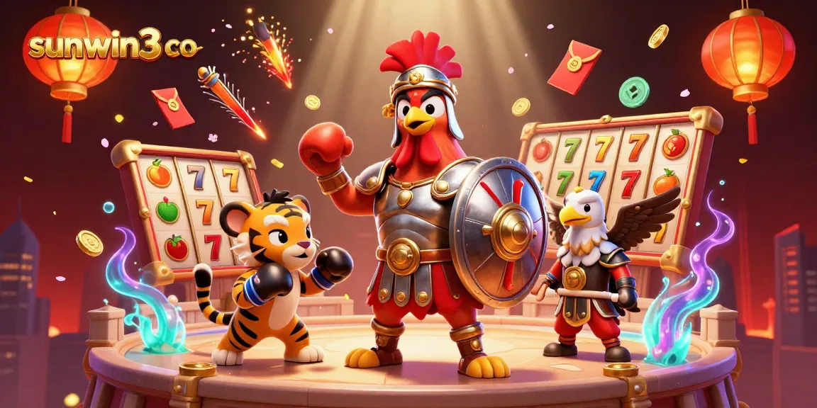 Join the excitement on sunwin3 co as a rooster gladiator battles for jackpots in a vibrant casino scene.
