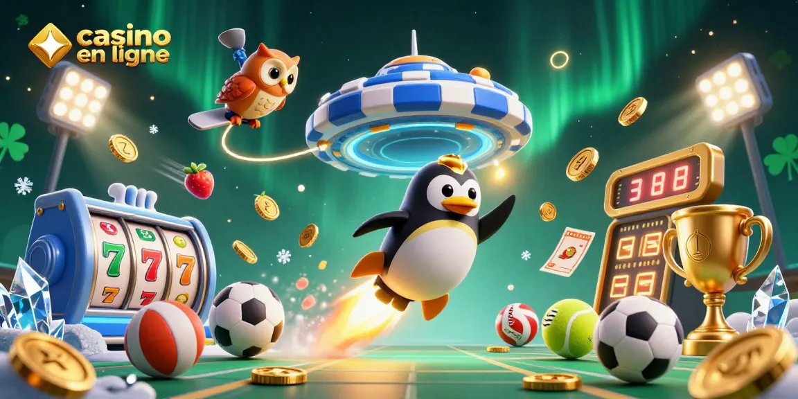 Illustration dynamique de casino en ligne avec un pingouin doré et des éléments de jeux.