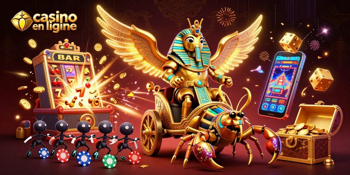 Profitez de l'expérience immersive d'un casino en ligne avec un scarabée doré et des scorpions.