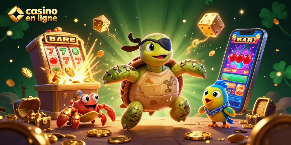 Jouez au casino en ligne avec une tortue pirate, un crabe et un poisson coloré autour d'un trésor.