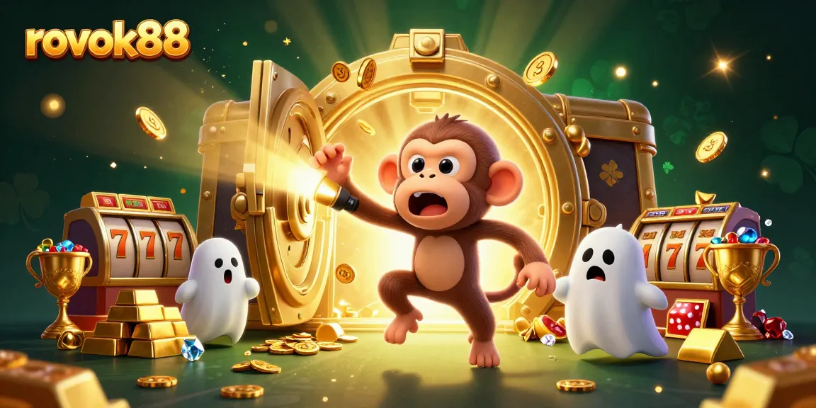 Experience rokok88 with a mischievous monkey juggling casino treasures in a haunted scene.