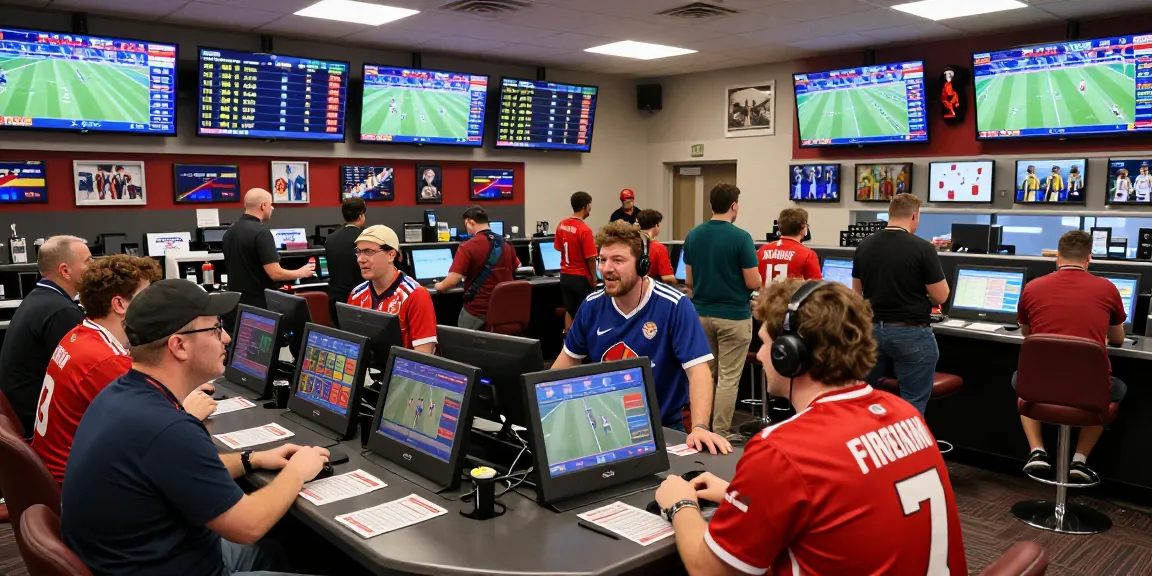 Parieurs au bookmaker sans limite de mise engagés dans une ambiance enthousiaste avec des écrans affichant les cotes en direct.