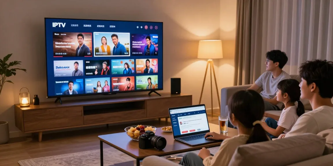 Vue d'une famille profitant de leur abonnement IPTV dans un salon moderne, soirée cinéma.