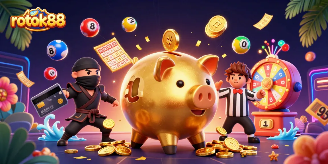 Experience exciting gameplay with rokok88 in this vibrant casino illustration featuring fun characters and dynamic elements.