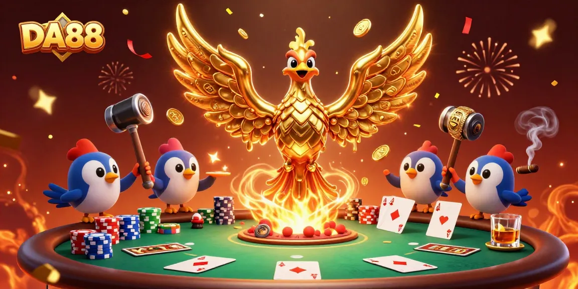Join the excitement at DA88 with a captivating 3D illustration of a golden phoenix embodying casino energy.