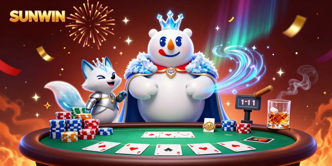 SUNWIN draws players in with an epic poker scene featuring an ice king and a snow fox amidst vibrant casino action.