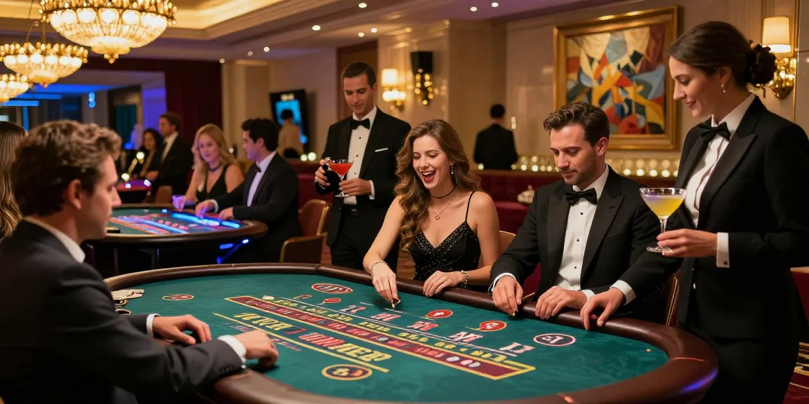 Casino en ligne : ambiance dynamique avec joueurs autour des tables de jeux et lumières vives