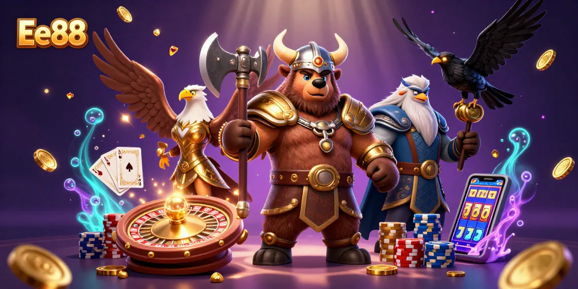 Engage with thrilling casino action at Ee88 featuring a Viking bear and Valkyrie eagle amidst dazzling game elements.