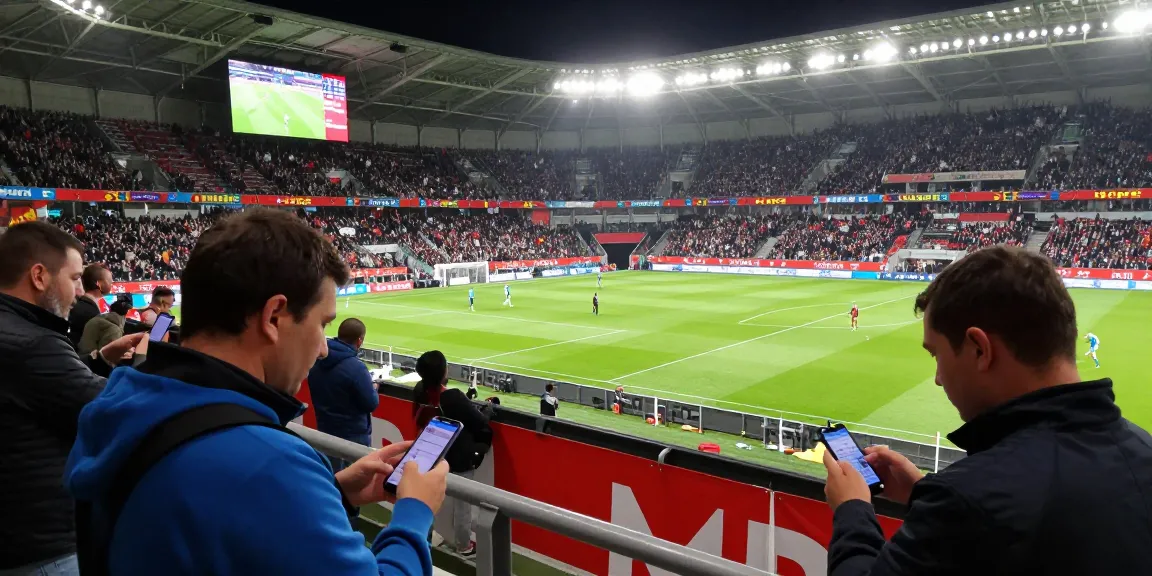 Parieurs devant un match de football, pariant chez un bookmaker sans limite de mise, ambiance d'excitation dans le stade.