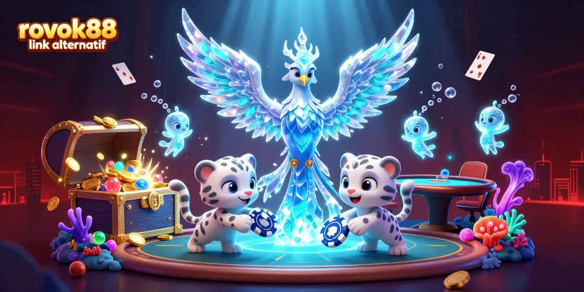 Engage with rokok88 link alternatif through an immersive 3D digital casino scene with vibrant characters and gaming elements.