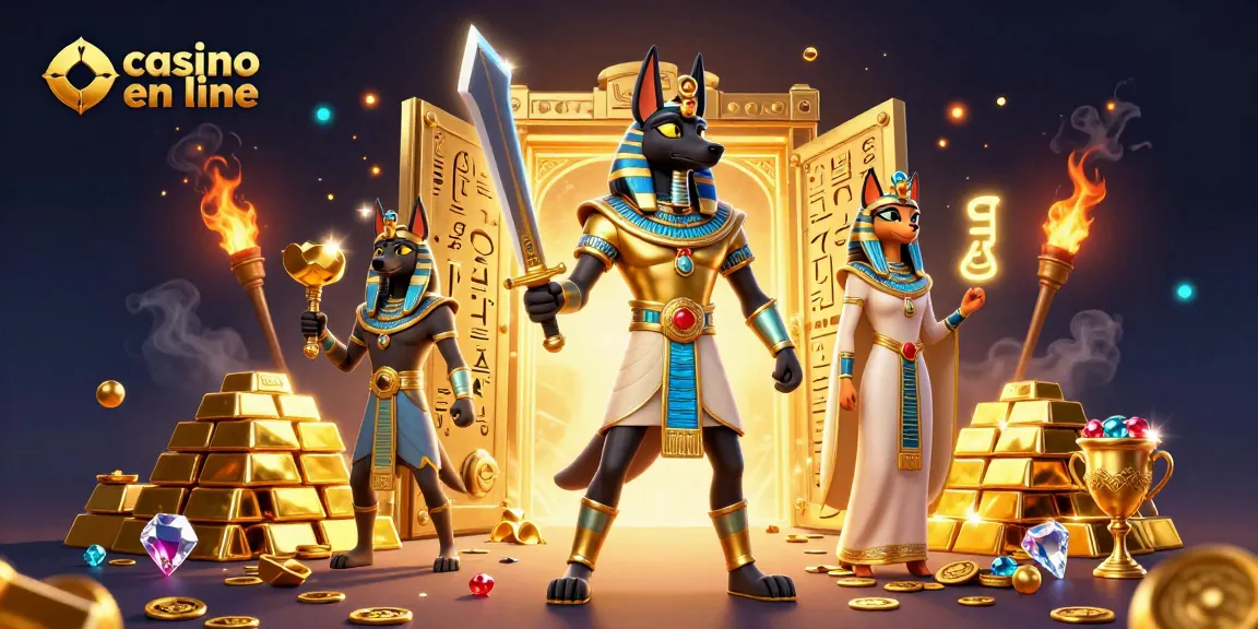 Embarquez dans le casino en ligne avec Anubis et Bastet, entourés de richesses antiques et de trésors éblouissants.