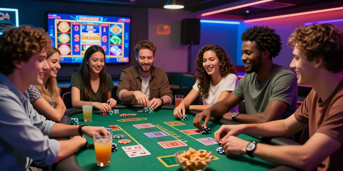 Un groupe d'amis jouant à des jeux de casino en ligne dans un environnement festif, ambiance joyeuse de casino en ligne.