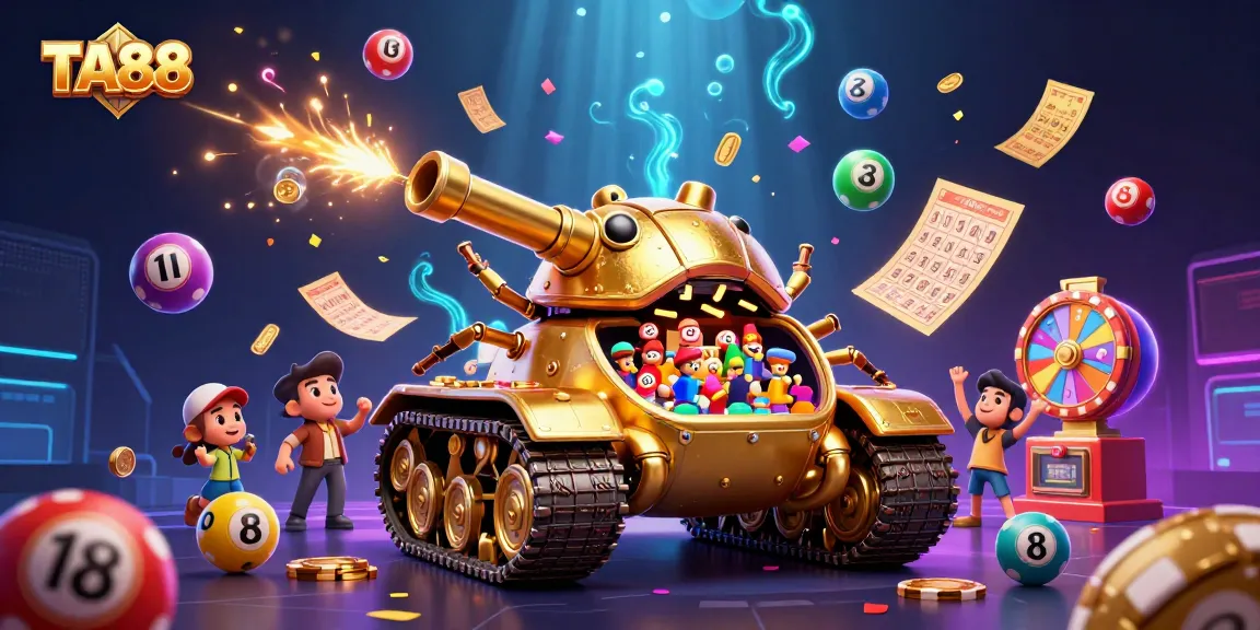 Engage with TA88's vibrant cartoon casino scene featuring a golden beetle tank and lottery elements.