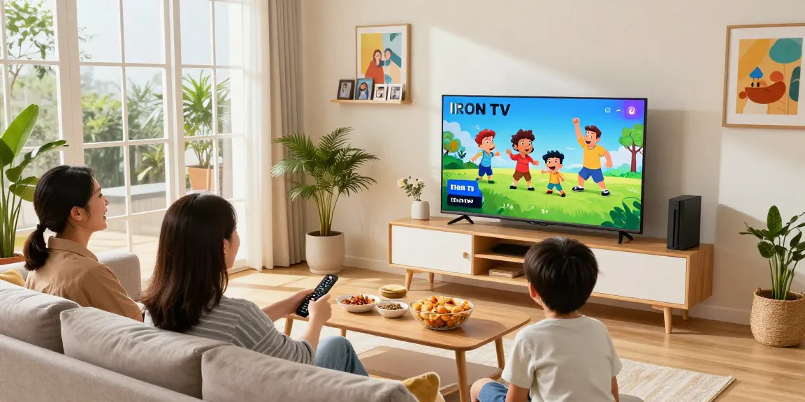 Family enjoying IRON TV streaming service in a cozy living room setting.