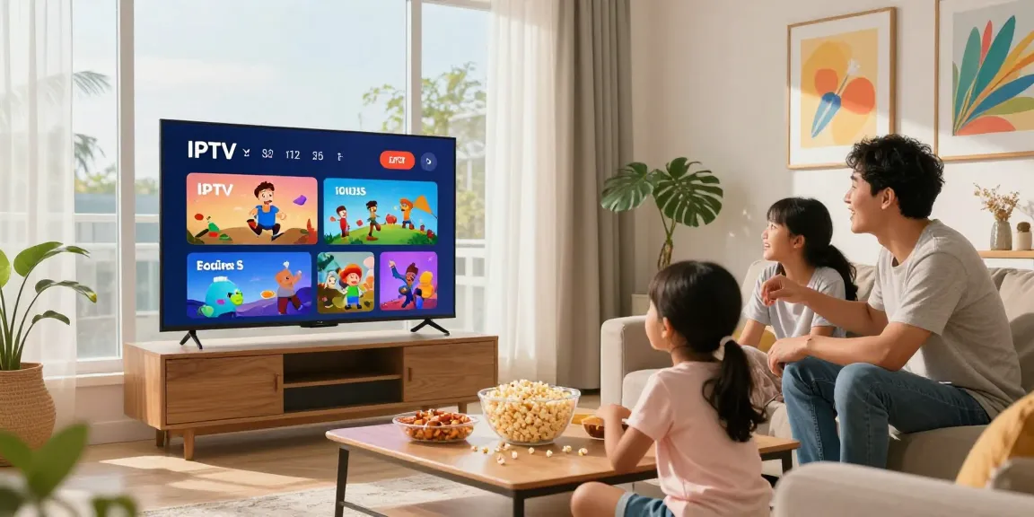 Abonnement IPTV offrant un service de streaming pour toute la famille dans un salon moderne.