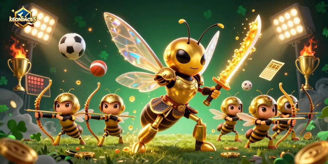Betting with keonhacai55 features a giant golden hornet and bee archers in an energetic sports scene.