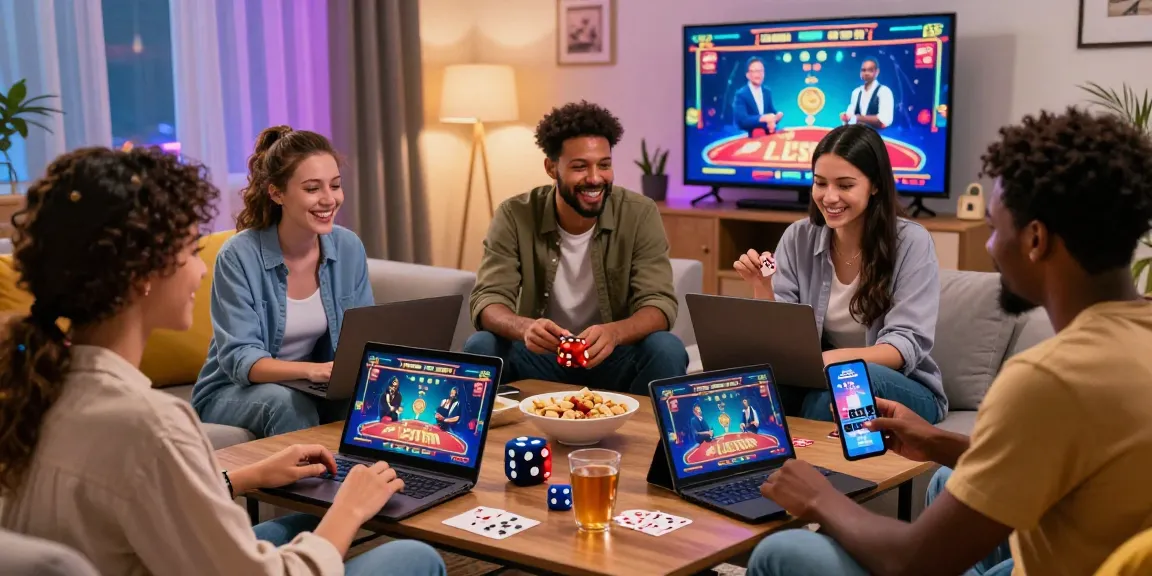 Groupe d'amis jouant à des jeux de casino en ligne, ambiance conviviale et dynamique