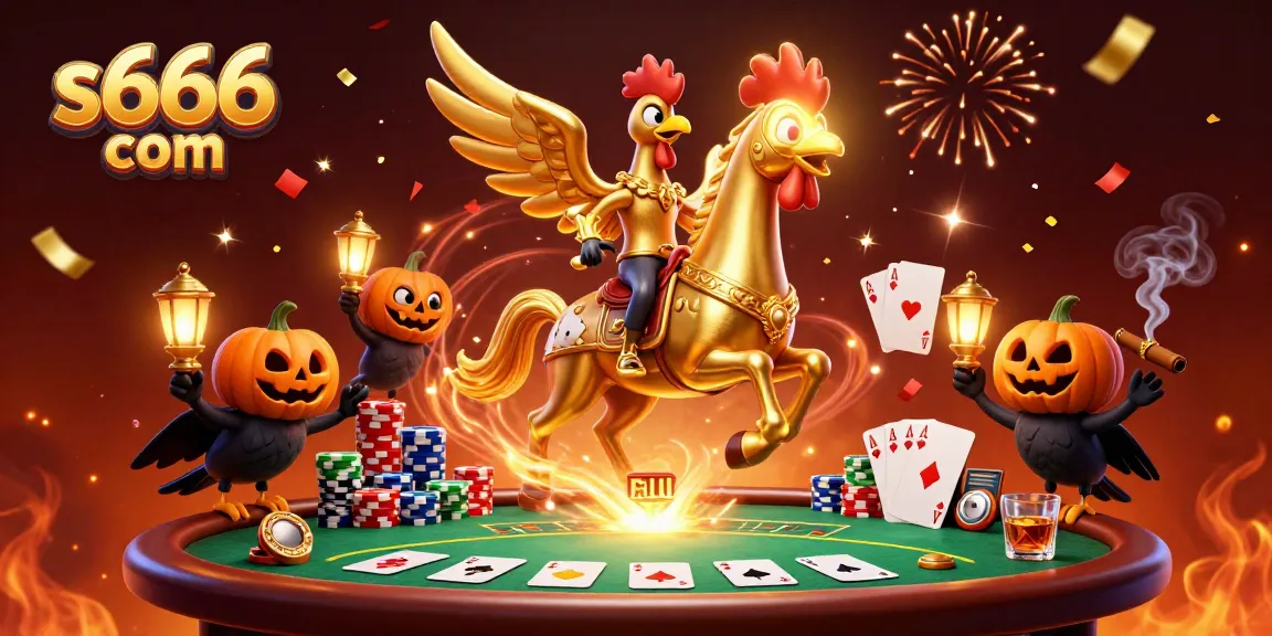 Engage in gaming action at s666 com with a lively casino scene featuring a golden rooster on a spectral horse.