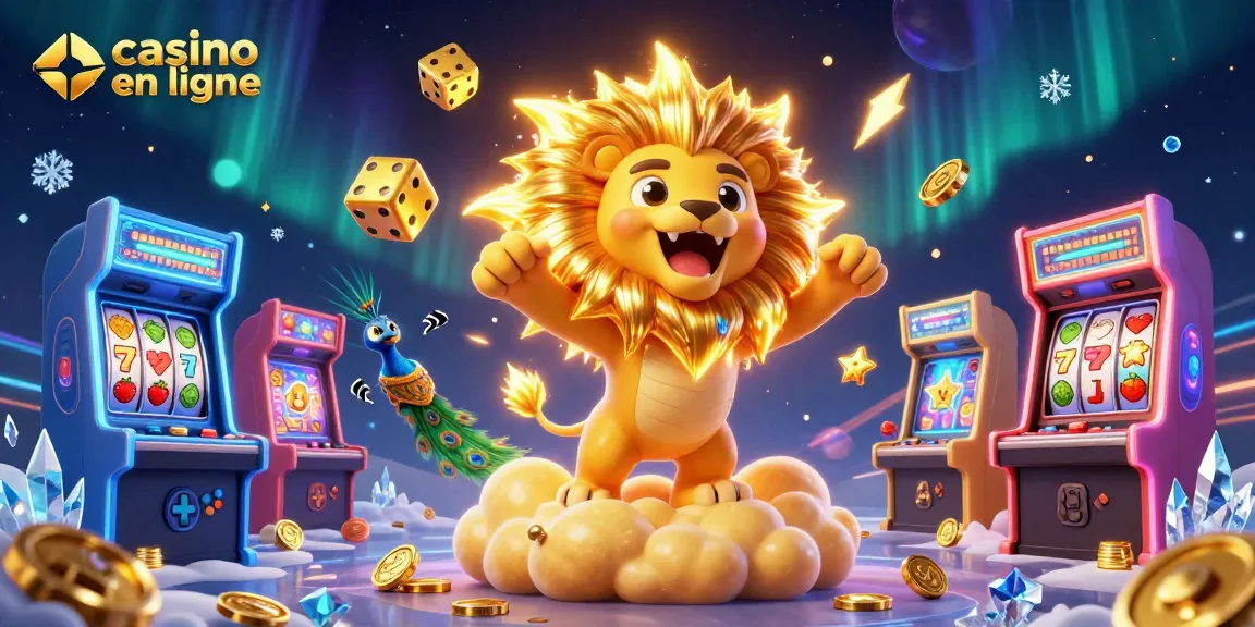 Découvrez le casino en ligne avec un lion rugissant et des éléments de jeu autour de lui.