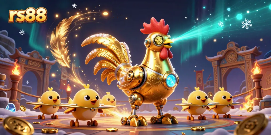 Experience thrilling gameplay with rs88, featuring a golden rooster robot and dynamic elements in a rich casino scene.