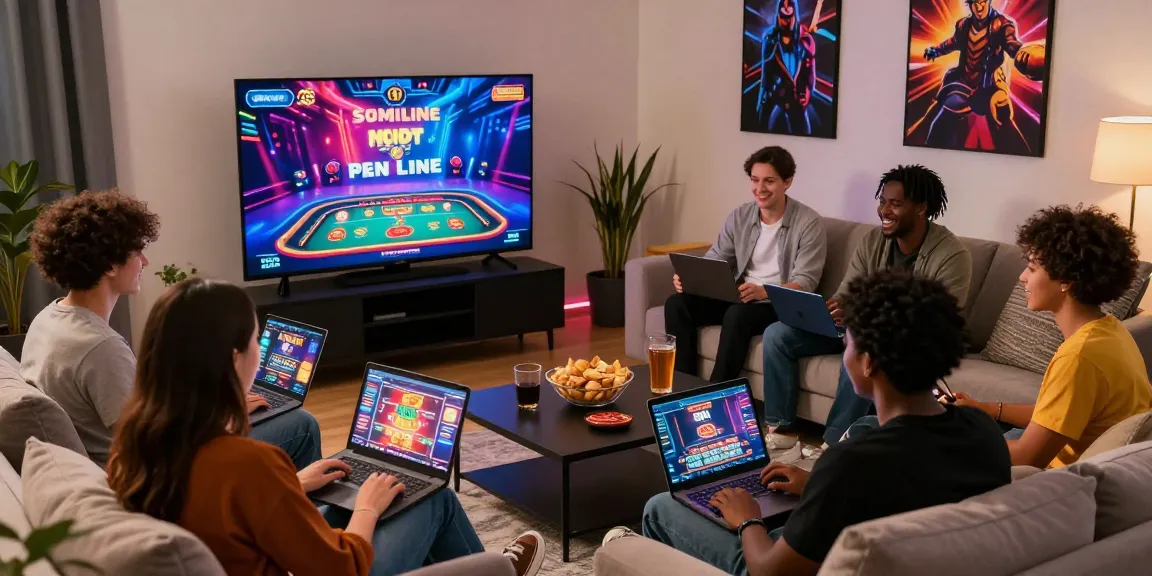 Amis jouant ensemble à des jeux de casino en ligne dans un salon moderne, ambiance conviviale et détendue.