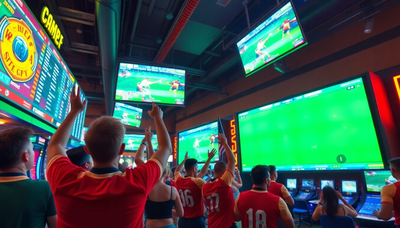 Paris sportif rugby dans un casino animé avec des fans enjoués et des écrans de match.