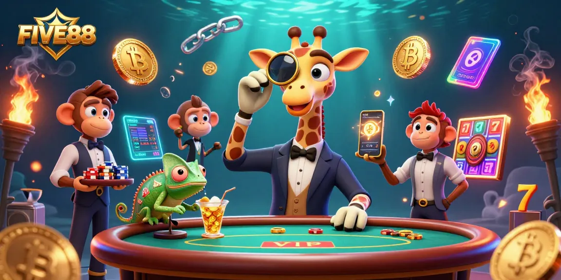 FIVE88 showcases a vibrant casino atmosphere with a high-roller giraffe and dynamic gaming elements.