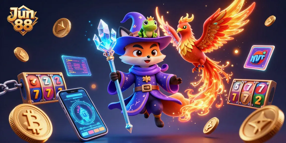 Experience the excitement of Jun 88 with a vibrant illustration featuring a wizard, phoenix, and slot games.
