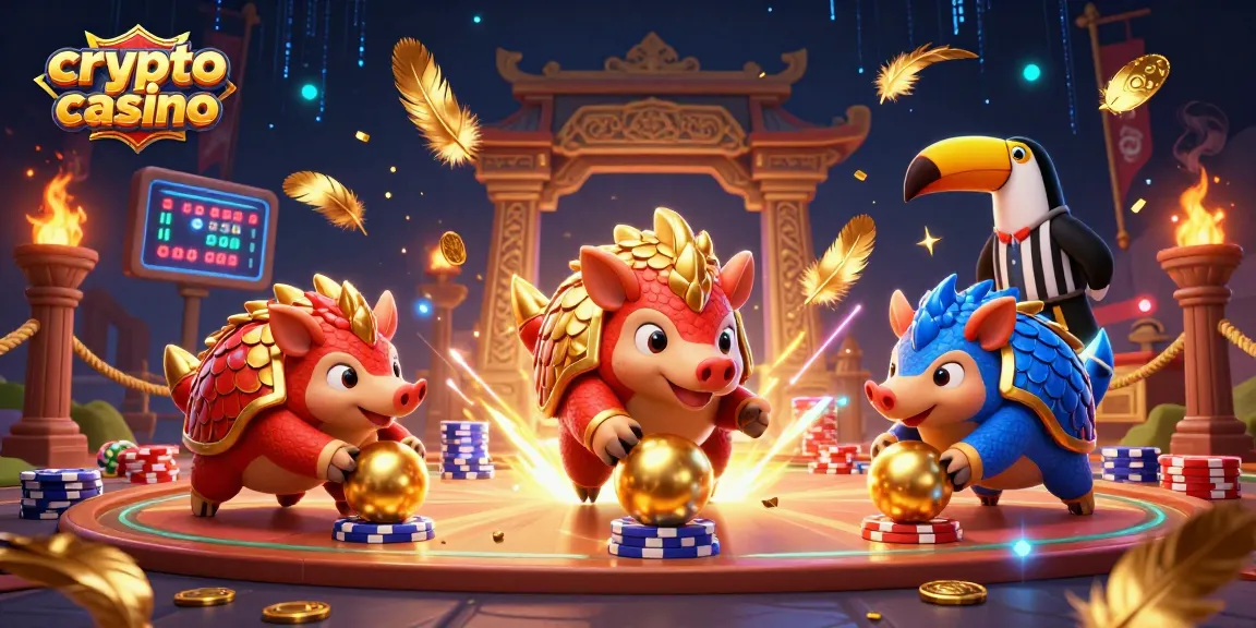 Visitez un crypto casino et participez à une bataille de pangolins en jouant avec des jetons et des pièces d'or.