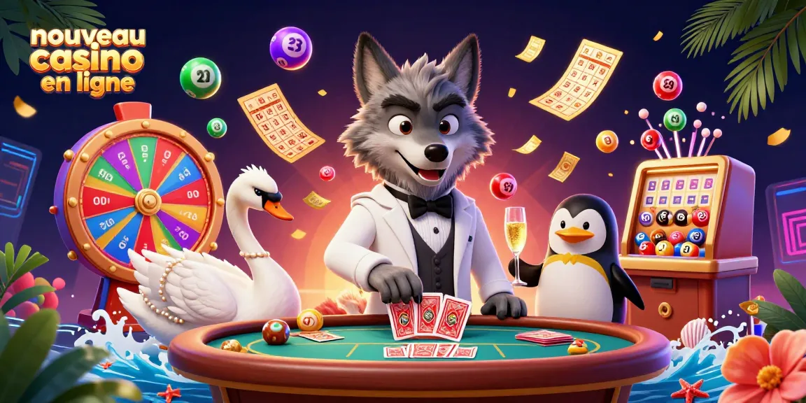 Participez à un nouveau casino en ligne dynamique avec un loup élégant et des balles de loterie colorées.