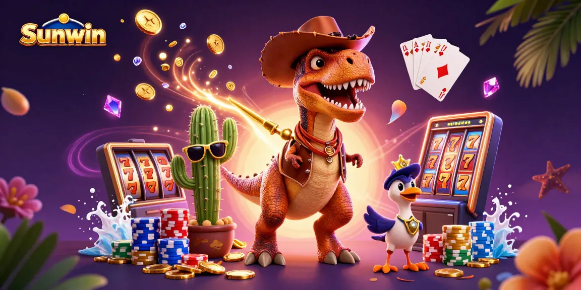 Experience the excitement of Sunwin with a lively 3D scene of a T-Rex and friends amid cascading coins and slot reels.