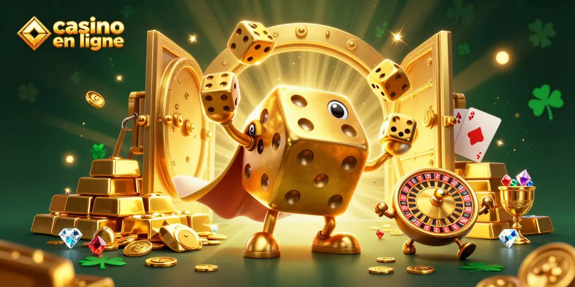 Venez découvrir le monde des jeux avec le casino en ligne, mettant en vedette des dés en or et des trésors brillants.