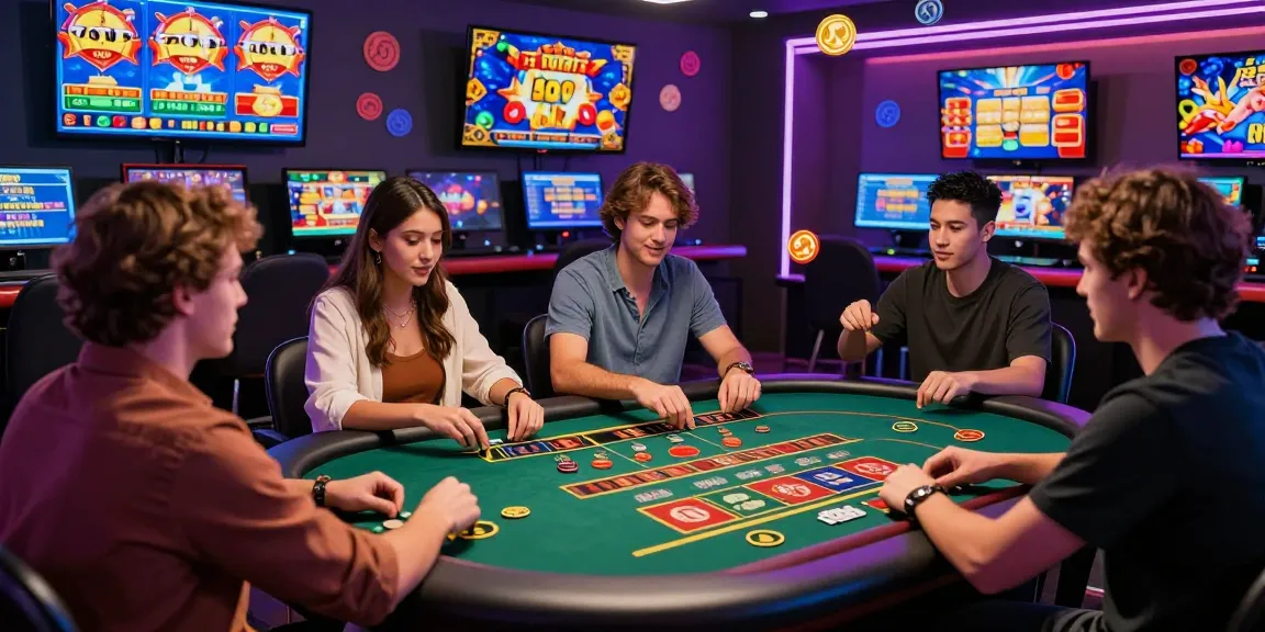 Joueurs enthousiastes jouant au casino en ligne avec des jeux comme des machines à sous et du blackjack, ambiance festive avec des lumières néon.