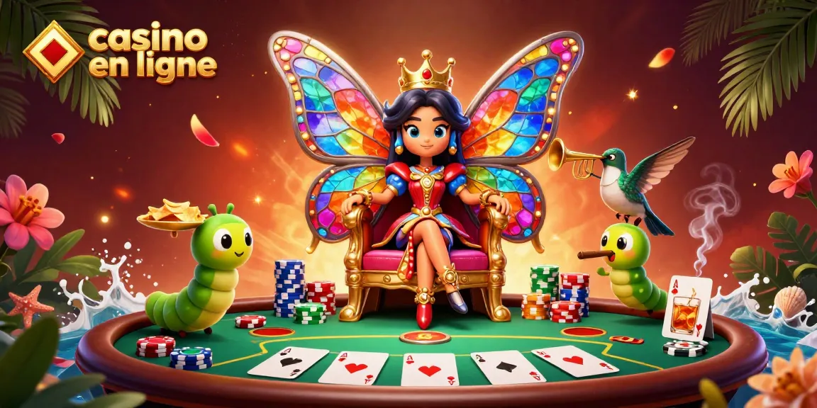 Gagnez avec le casino en ligne: illustration colorée d'une reine papillon avec des éléments de poker.