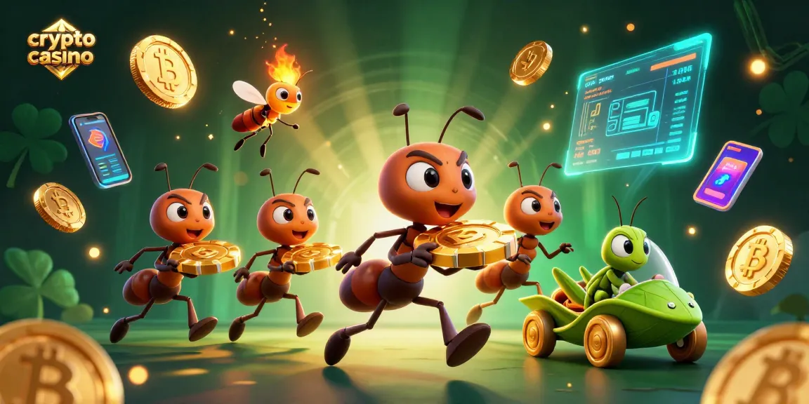 Le crypto casino prend vie avec des fourmis transportant un jeton en or et des éléments Bitcoin et Ethereum scintillants.