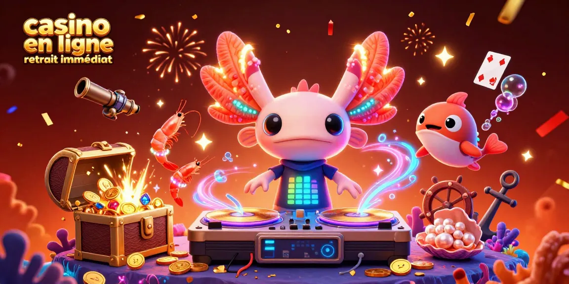 Vivez l'expérience du casino en ligne retrait immédiat avec ce DJ axolotl vibrant et des créatures marines festives.