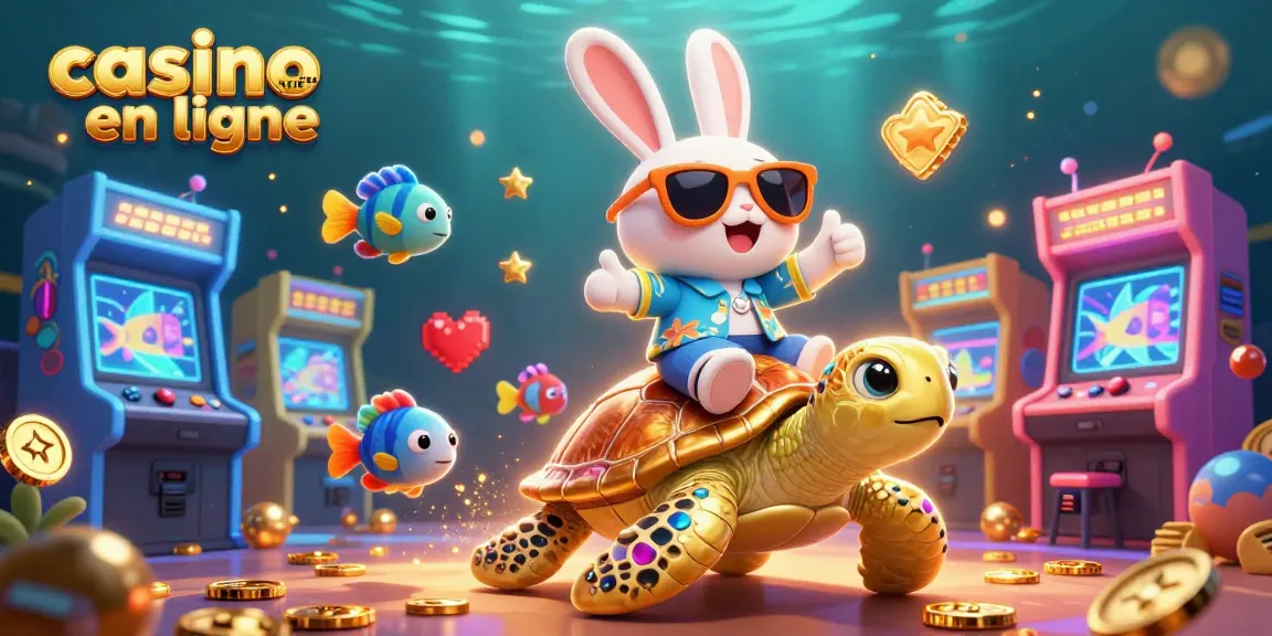 Un adorable lapin chanceux découvrant le monde du casino en ligne avec un poisson tropical et une tortue dorée.