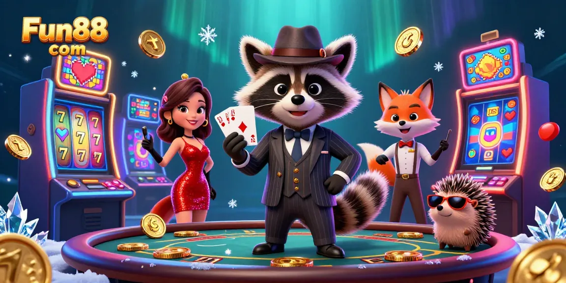 Engage with Fun88 com in this vibrant casino scene featuring charismatic characters and animated gaming elements.