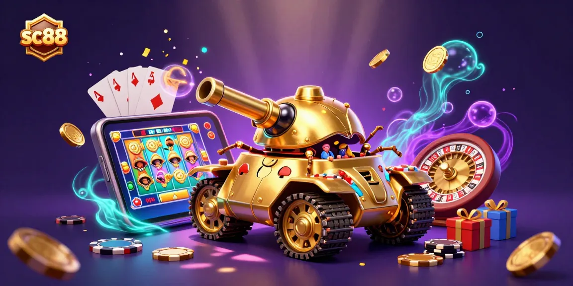 Play exciting games with sc88 in this dynamic illustration featuring a golden beetle casino tank.