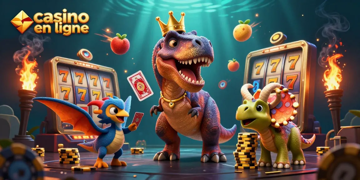 Découvrez une scène ludique de casino en ligne où un T-Rex tente de jouer aux cartes, entouré de jetons dorés.