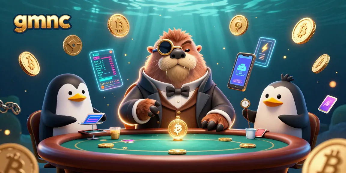 gmnc displays engaging underwater poker scene with a jolly walrus and crypto coins.