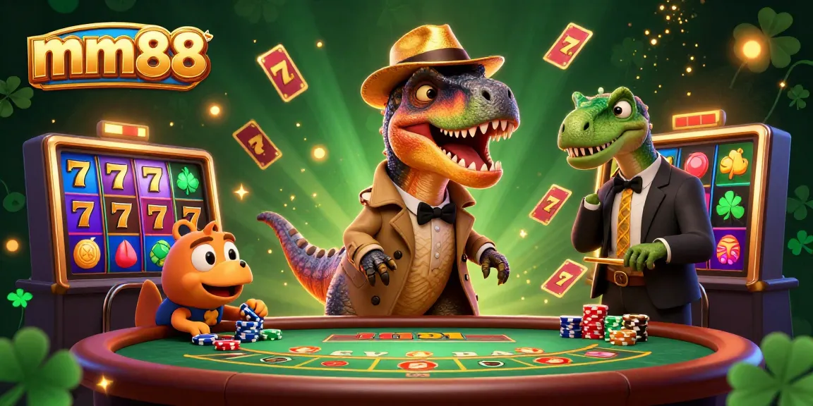 Capture the excitement of mm88 with a vivid 3D scene featuring a velociraptor at a blackjack table amidst casino elements.
