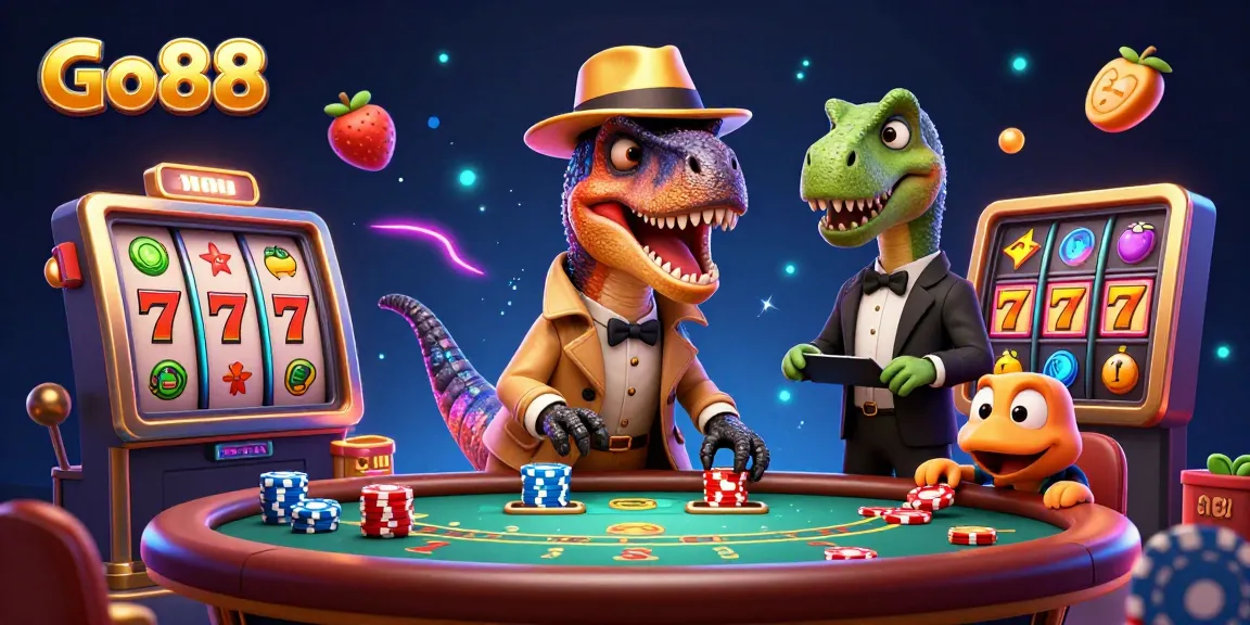 Experience thrilling gameplay at Go88 with a velociraptor card counter and vibrant casino elements.