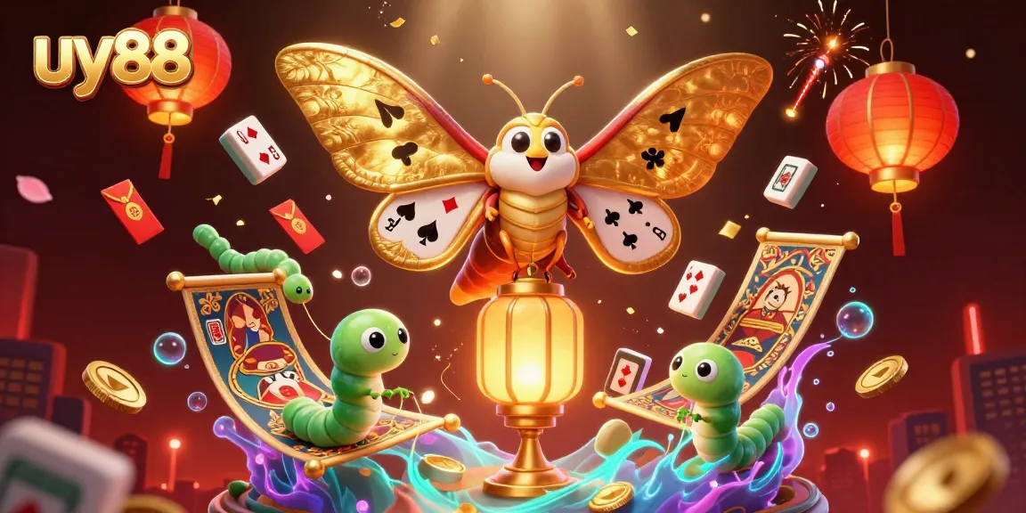 Engage with uy88's vibrant casino experience featuring golden moths, festive decorations, and immersive game elements
