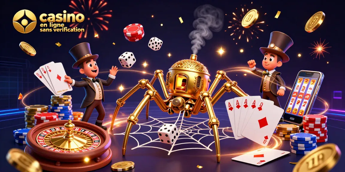 Célébrez le jeu avec un casino en ligne sans vérification, entouré de pièces d'or et de cartes gagnantes.